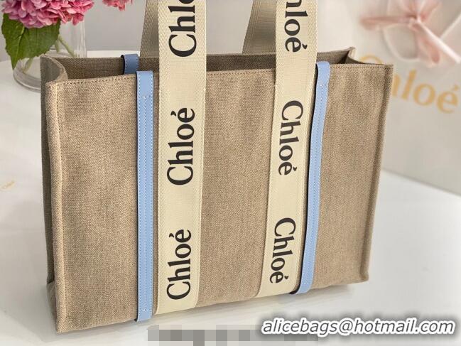 Famous Brand Chloe Large Woody Tote Bag in Linen Canvas and Calfskin Leather 1120 Light Blue 2025