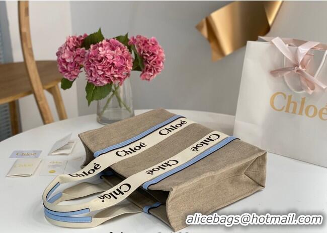 Famous Brand Chloe Large Woody Tote Bag in Linen Canvas and Calfskin Leather 1120 Light Blue 2025