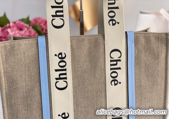 Famous Brand Chloe Large Woody Tote Bag in Linen Canvas and Calfskin Leather 1120 Light Blue 2025
