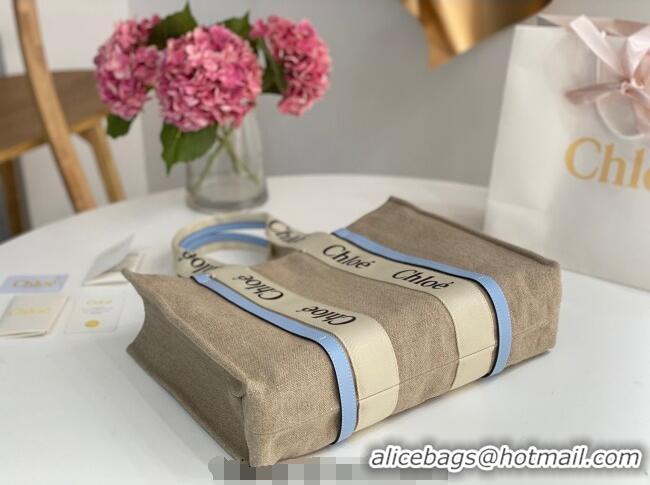 Famous Brand Chloe Large Woody Tote Bag in Linen Canvas and Calfskin Leather 1120 Light Blue 2025