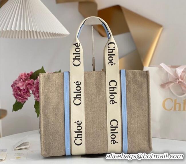 Famous Brand Chloe Large Woody Tote Bag in Linen Canvas and Calfskin Leather 1120 Light Blue 2025