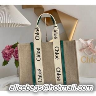 Super Quality Chloe Large Woody Tote Bag in Linen Canvas and Calfskin Leather 1120 Dark Green 2025