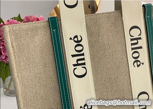 Super Quality Chloe Large Woody Tote Bag in Linen Canvas and Calfskin Leather 1120 Dark Green 2025