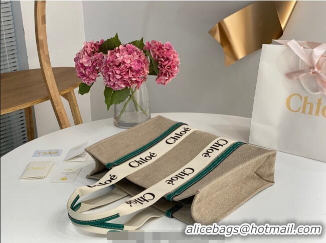 Super Quality Chloe Large Woody Tote Bag in Linen Canvas and Calfskin Leather 1120 Dark Green 2025