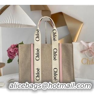 Big Discount Chloe Large Woody Tote Bag in Linen Canvas and Calfskin Leather 1120 Light Pink 2025