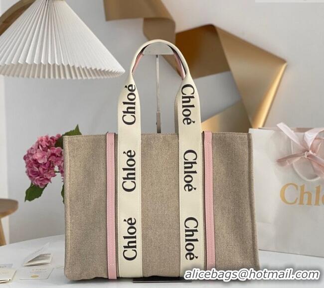 Big Discount Chloe Large Woody Tote Bag in Linen Canvas and Calfskin Leather 1120 Light Pink 2025