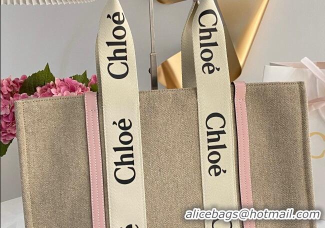 Big Discount Chloe Large Woody Tote Bag in Linen Canvas and Calfskin Leather 1120 Light Pink 2025