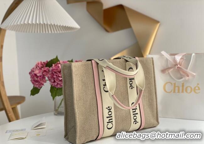 Big Discount Chloe Large Woody Tote Bag in Linen Canvas and Calfskin Leather 1120 Light Pink 2025