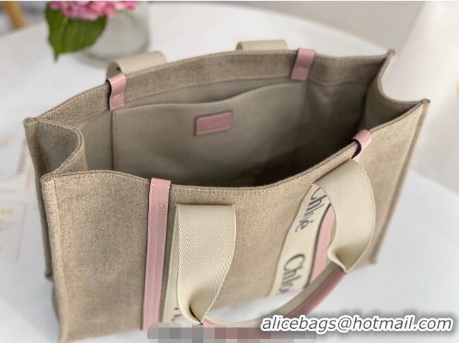 Big Discount Chloe Large Woody Tote Bag in Linen Canvas and Calfskin Leather 1120 Light Pink 2025