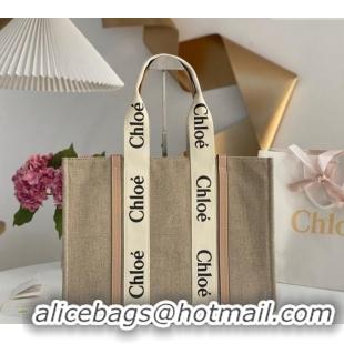 Luxury Discount Chloe Large Woody Tote Bag in Linen Canvas and Calfskin Leather 1120 Beige 2025