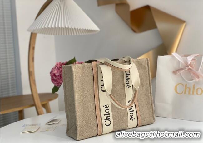 Luxury Discount Chloe Large Woody Tote Bag in Linen Canvas and Calfskin Leather 1120 Beige 2025