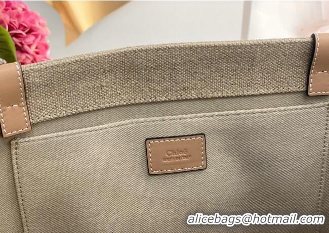 Luxury Discount Chloe Large Woody Tote Bag in Linen Canvas and Calfskin Leather 1120 Beige 2025
