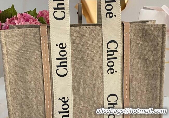 Luxury Discount Chloe Large Woody Tote Bag in Linen Canvas and Calfskin Leather 1120 Beige 2025