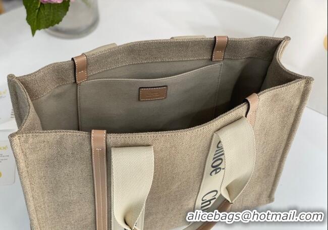 Luxury Discount Chloe Large Woody Tote Bag in Linen Canvas and Calfskin Leather 1120 Beige 2025