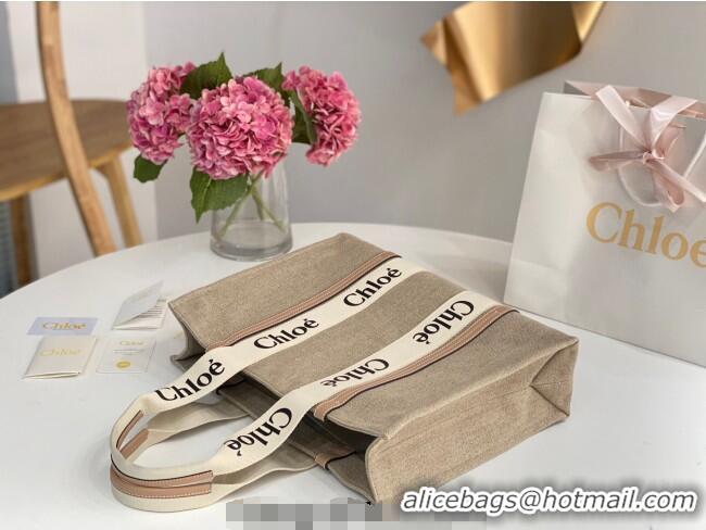 Luxury Discount Chloe Large Woody Tote Bag in Linen Canvas and Calfskin Leather 1120 Beige 2025