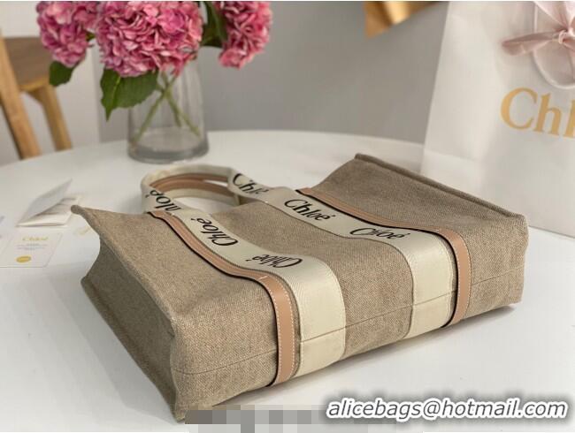 Luxury Discount Chloe Large Woody Tote Bag in Linen Canvas and Calfskin Leather 1120 Beige 2025