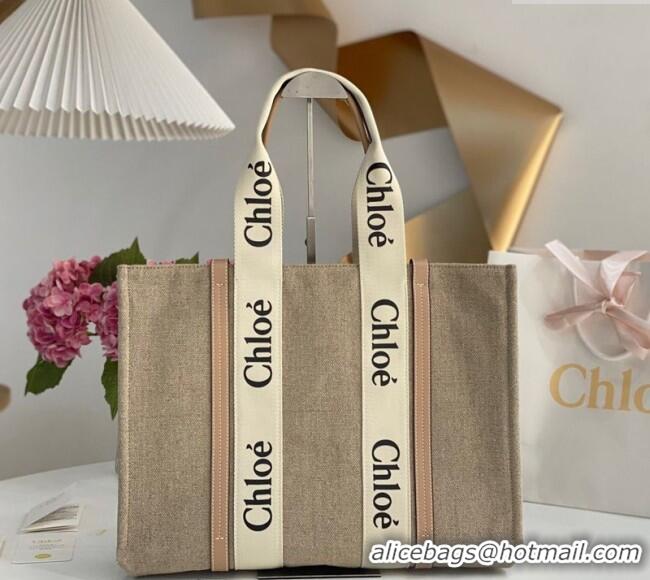 Luxury Discount Chloe Large Woody Tote Bag in Linen Canvas and Calfskin Leather 1120 Beige 2025