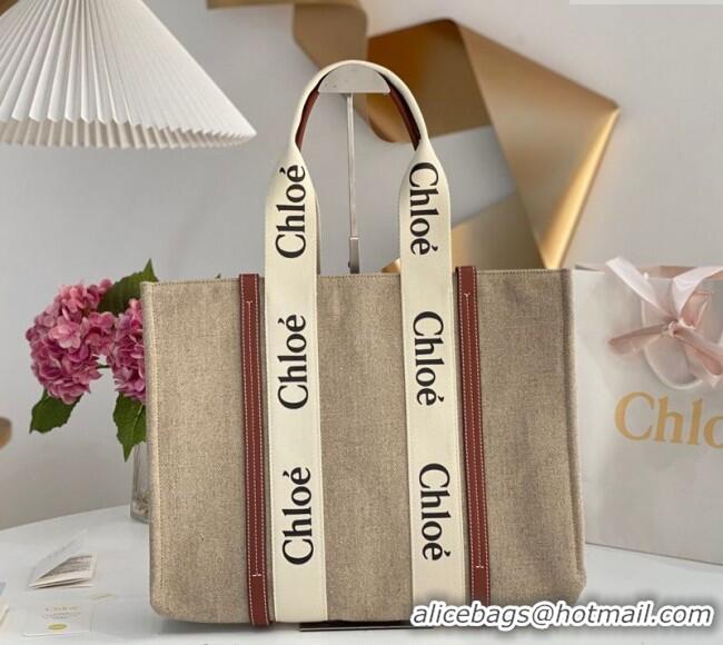 Unique Style Chloe Large Woody Tote Bag in Linen Canvas and Calfskin Leather 1120 Brown 2025