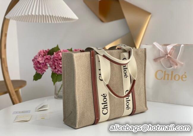 Unique Style Chloe Large Woody Tote Bag in Linen Canvas and Calfskin Leather 1120 Brown 2025