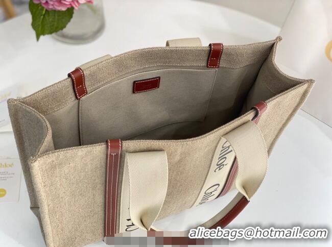 Unique Style Chloe Large Woody Tote Bag in Linen Canvas and Calfskin Leather 1120 Brown 2025