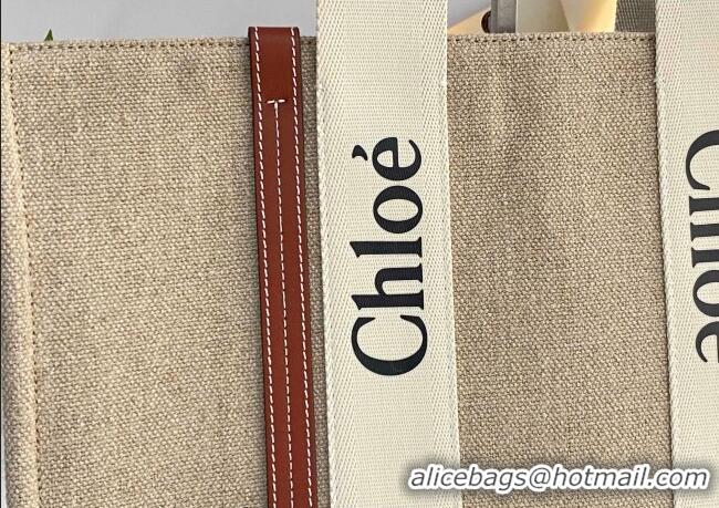 Unique Style Chloe Large Woody Tote Bag in Linen Canvas and Calfskin Leather 1120 Brown 2025