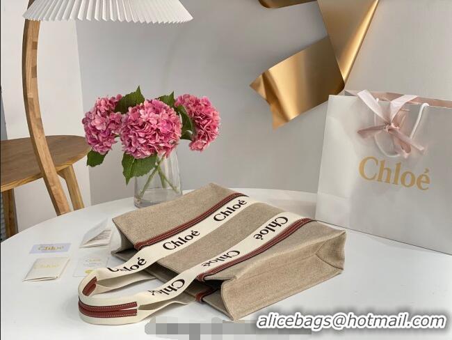 Unique Style Chloe Large Woody Tote Bag in Linen Canvas and Calfskin Leather 1120 Brown 2025