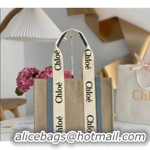 Best Price Chloe Medium Woody Tote Bag in Linen Canvas and Calfskin Leather 1120 Denim Blue 2025