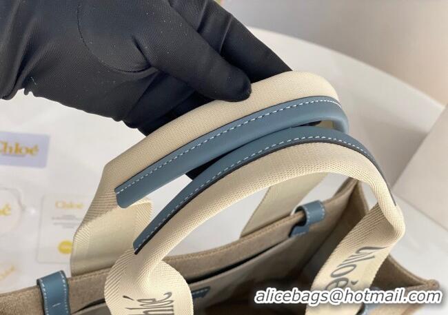 Best Price Chloe Medium Woody Tote Bag in Linen Canvas and Calfskin Leather 1120 Denim Blue 2025