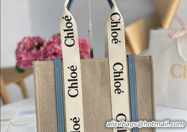 Best Price Chloe Medium Woody Tote Bag in Linen Canvas and Calfskin Leather 1120 Denim Blue 2025