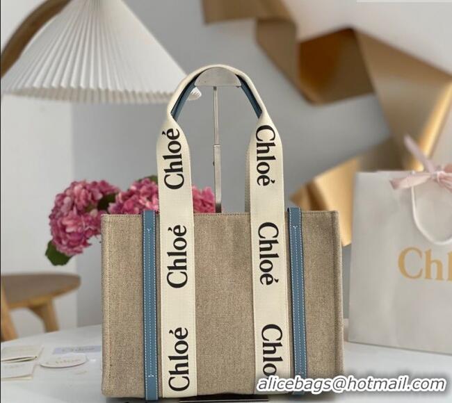 Best Price Chloe Medium Woody Tote Bag in Linen Canvas and Calfskin Leather 1120 Denim Blue 2025