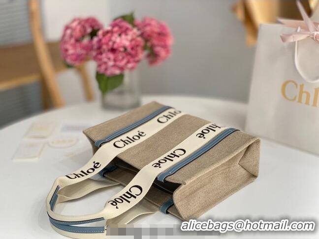 Best Price Chloe Medium Woody Tote Bag in Linen Canvas and Calfskin Leather 1120 Denim Blue 2025