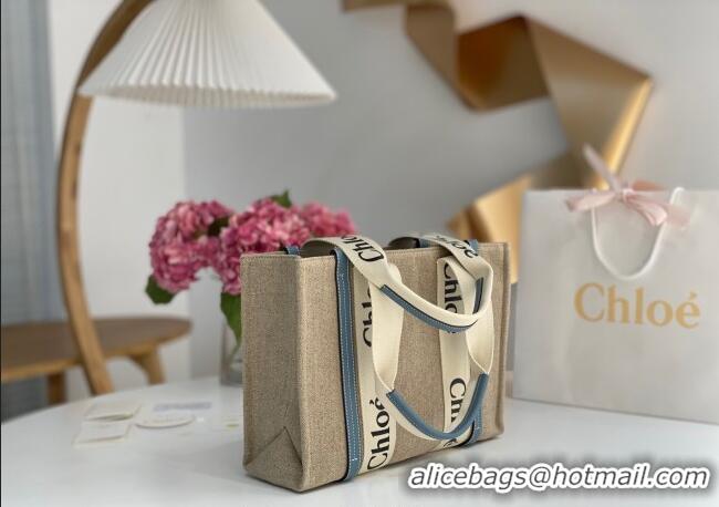 Best Price Chloe Medium Woody Tote Bag in Linen Canvas and Calfskin Leather 1120 Denim Blue 2025