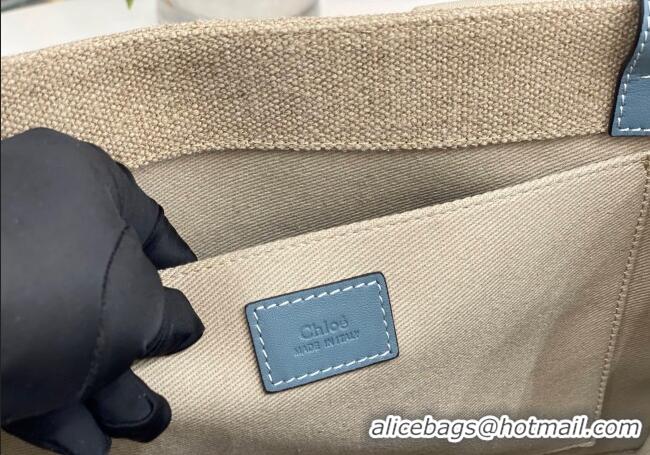 Best Price Chloe Medium Woody Tote Bag in Linen Canvas and Calfskin Leather 1120 Denim Blue 2025