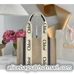 Luxury Cheap Chloe Medium Woody Tote Bag in Linen Canvas and Calfskin Leather 1120 Dark Blue 2025