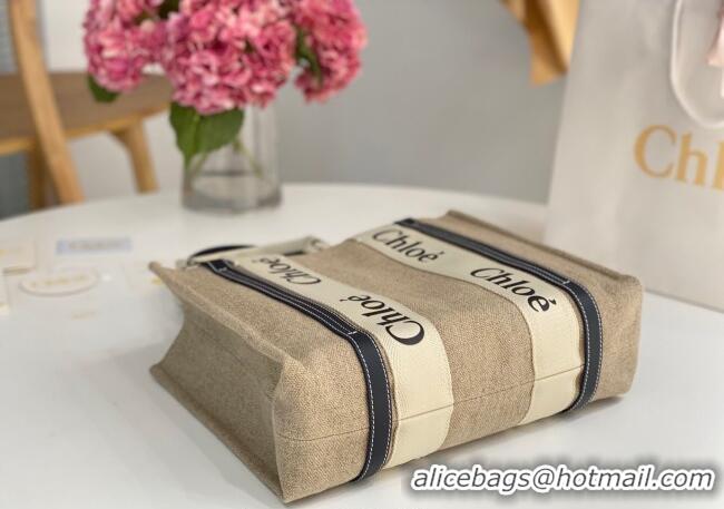 Luxury Cheap Chloe Medium Woody Tote Bag in Linen Canvas and Calfskin Leather 1120 Dark Blue 2025