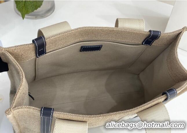 Luxury Cheap Chloe Medium Woody Tote Bag in Linen Canvas and Calfskin Leather 1120 Dark Blue 2025