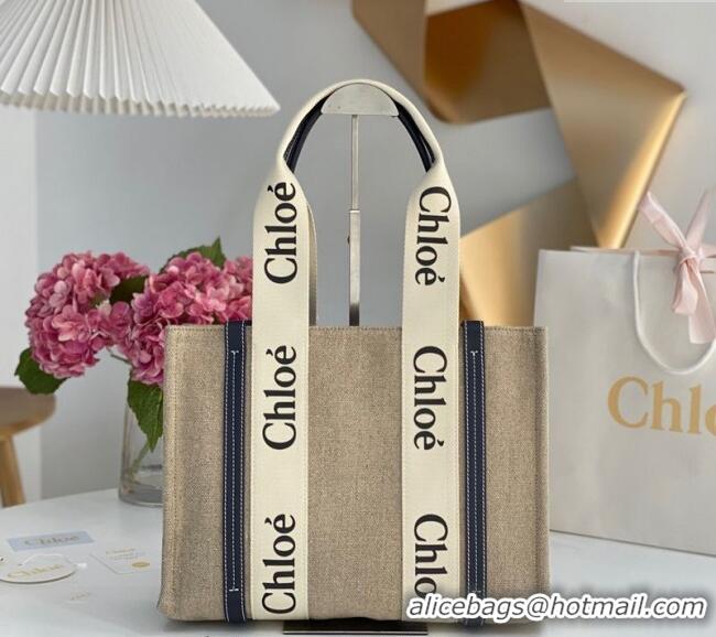 Luxury Cheap Chloe Medium Woody Tote Bag in Linen Canvas and Calfskin Leather 1120 Dark Blue 2025