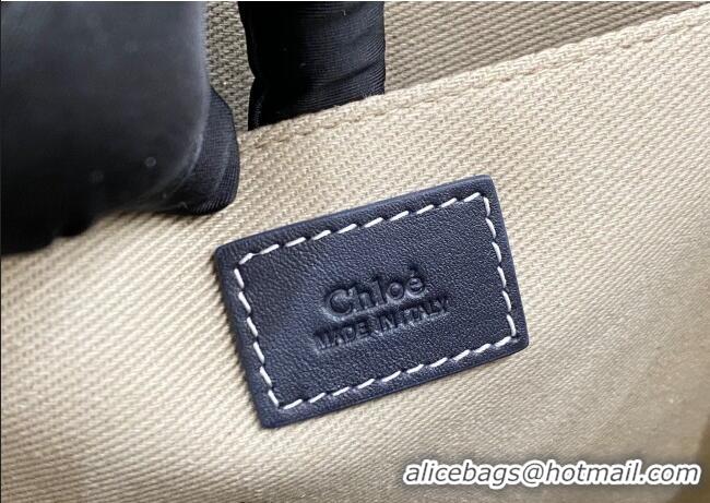 Luxury Cheap Chloe Medium Woody Tote Bag in Linen Canvas and Calfskin Leather 1120 Dark Blue 2025