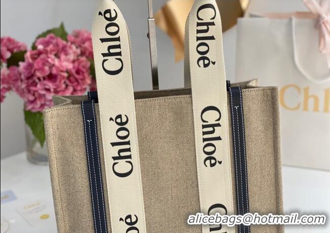 Luxury Cheap Chloe Medium Woody Tote Bag in Linen Canvas and Calfskin Leather 1120 Dark Blue 2025