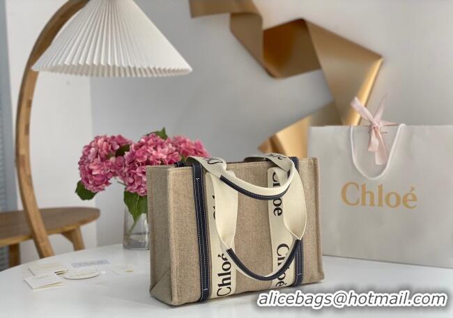 Luxury Cheap Chloe Medium Woody Tote Bag in Linen Canvas and Calfskin Leather 1120 Dark Blue 2025