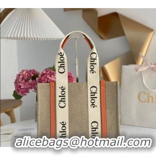 Good Quality Chloe Medium Woody Tote Bag in Linen Canvas and Calfskin Leather 1120 Orange 2025
