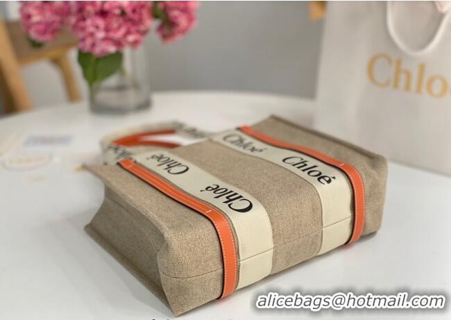 Good Quality Chloe Medium Woody Tote Bag in Linen Canvas and Calfskin Leather 1120 Orange 2025