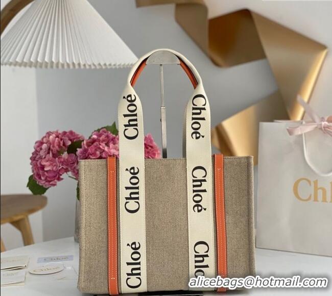 Good Quality Chloe Medium Woody Tote Bag in Linen Canvas and Calfskin Leather 1120 Orange 2025