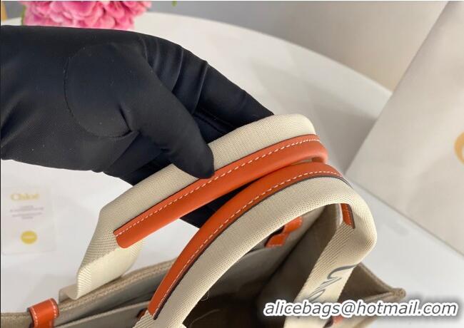 Good Quality Chloe Medium Woody Tote Bag in Linen Canvas and Calfskin Leather 1120 Orange 2025