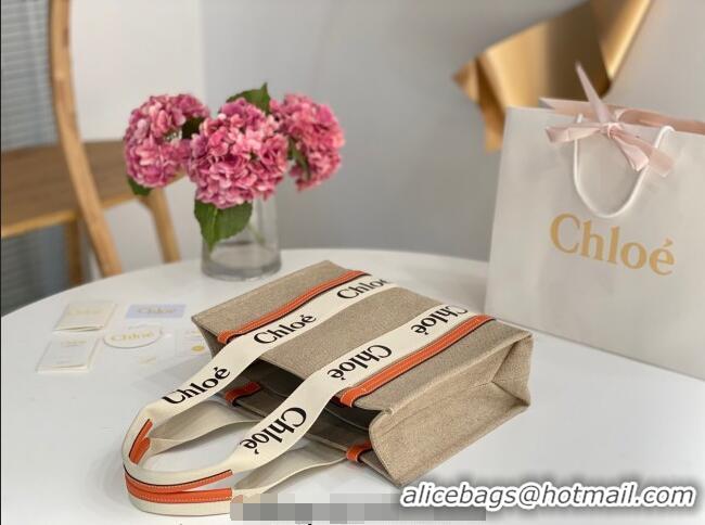 Good Quality Chloe Medium Woody Tote Bag in Linen Canvas and Calfskin Leather 1120 Orange 2025