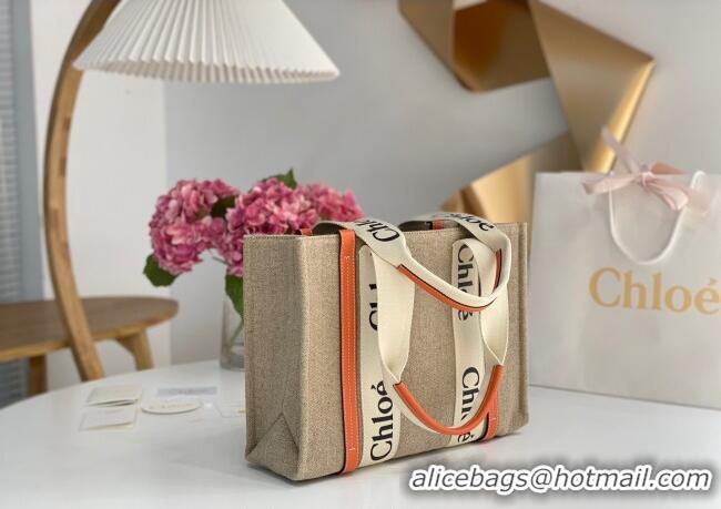 Good Quality Chloe Medium Woody Tote Bag in Linen Canvas and Calfskin Leather 1120 Orange 2025