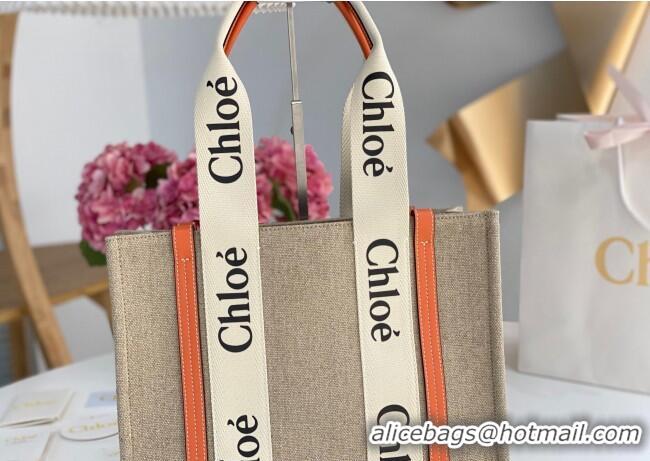 Good Quality Chloe Medium Woody Tote Bag in Linen Canvas and Calfskin Leather 1120 Orange 2025