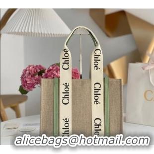 Top Quality Chloe Medium Woody Tote Bag in Linen Canvas and Calfskin Leather 1120 Light Green 2025