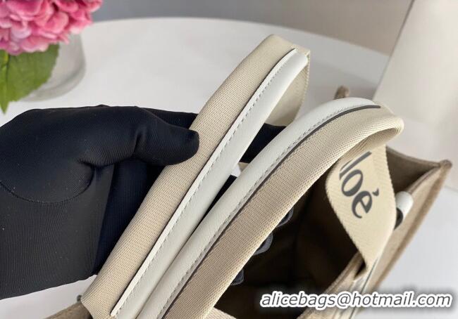 Top Quality Chloe Medium Woody Tote Bag in Linen Canvas and Calfskin Leather 1120 Light Green 2025