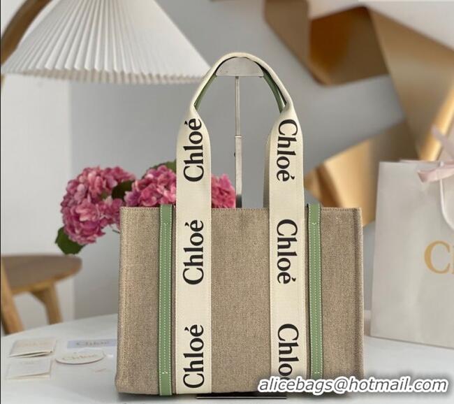 Top Quality Chloe Medium Woody Tote Bag in Linen Canvas and Calfskin Leather 1120 Light Green 2025